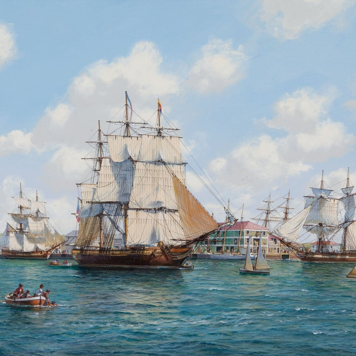Hand-painted tall ships in a sunlit harbor scene nautical oil painting on canvas