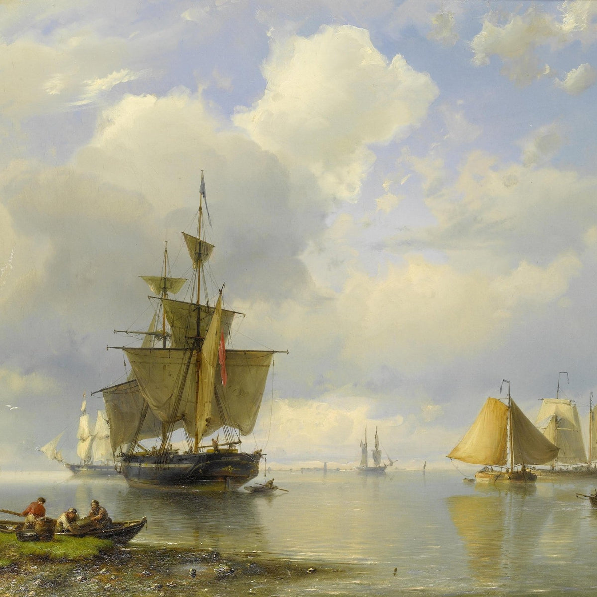 Hand-painted tall ships on calm waters nautical oil painting on canvas