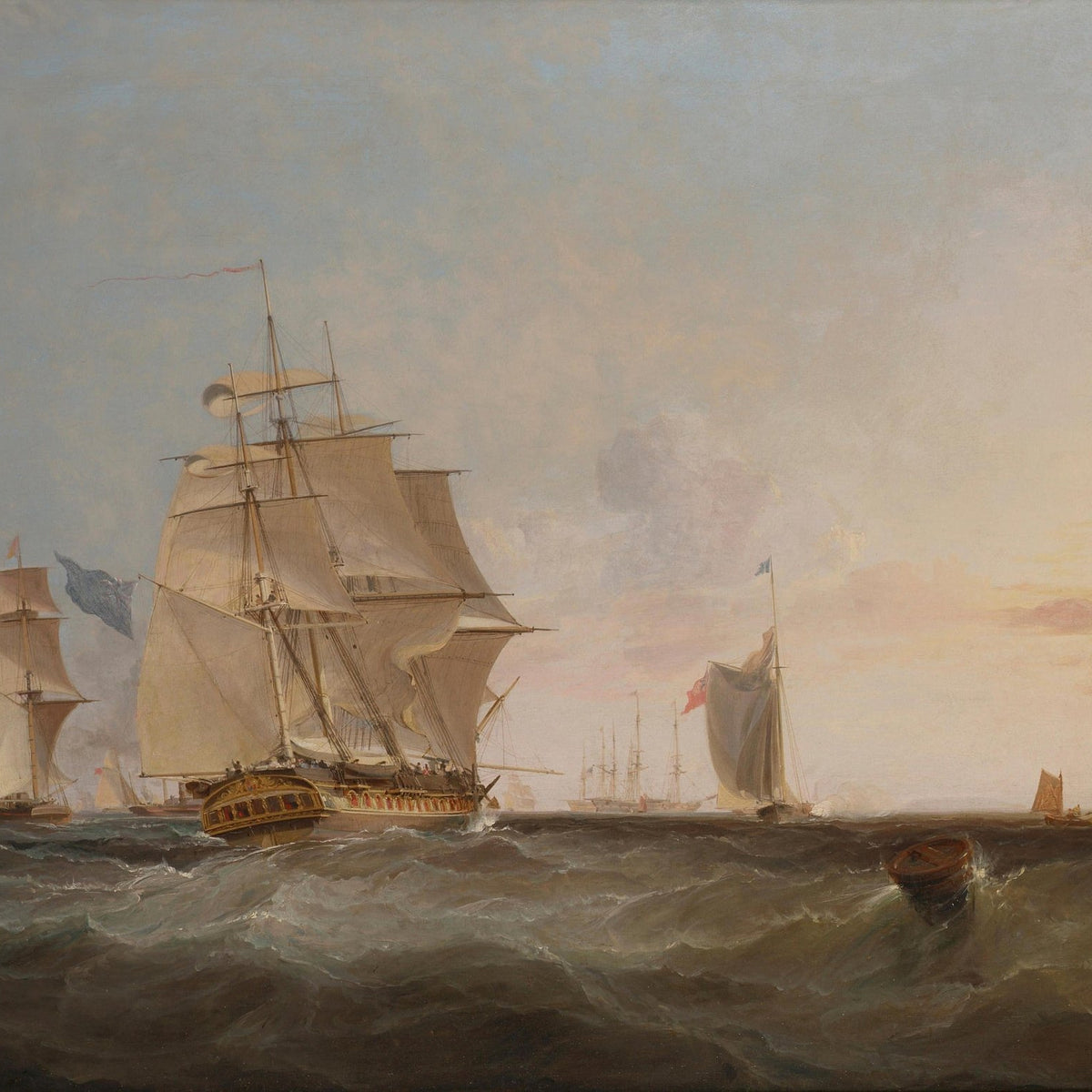 Nautical Oil Paintings - Tall Ships on Rolling Sea at Sunset Sky - Oil Painting Haven