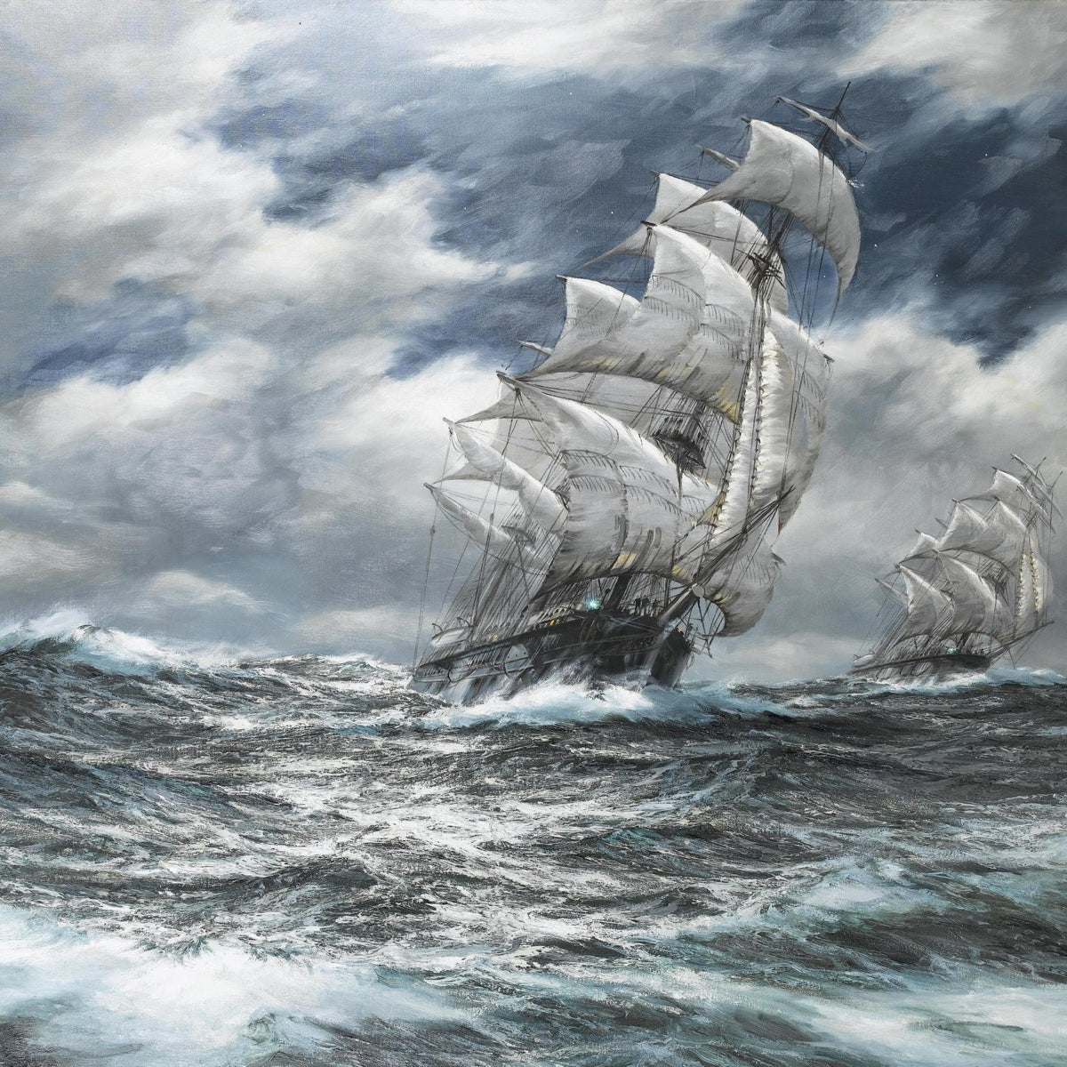 Hand-painted tall ships on stormy sea and dark clouds nautical oil painting on canvas