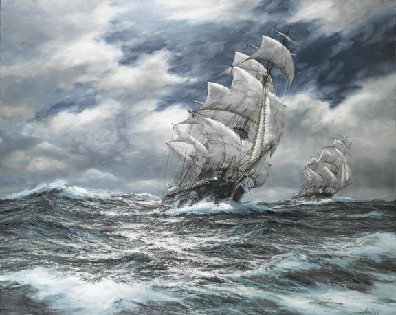 Hand-painted tall ships on stormy sea and dark clouds nautical oil painting on canvas