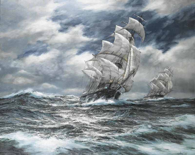 Hand-painted tall ships on stormy sea and dark clouds nautical oil painting on canvas