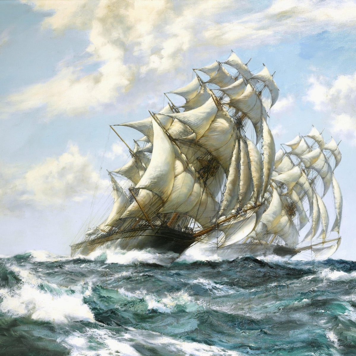 Nautical Oil Paintings - Tall Ships Under Full Sails on Blue Sea - Oil Painting Haven