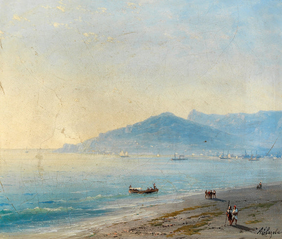 Hand-painted tranquil coastal shoreline nautical oil painting on canvas