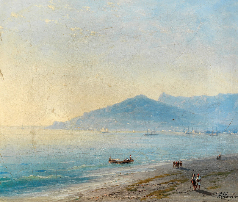 Hand-painted tranquil coastal shoreline nautical oil painting on canvas