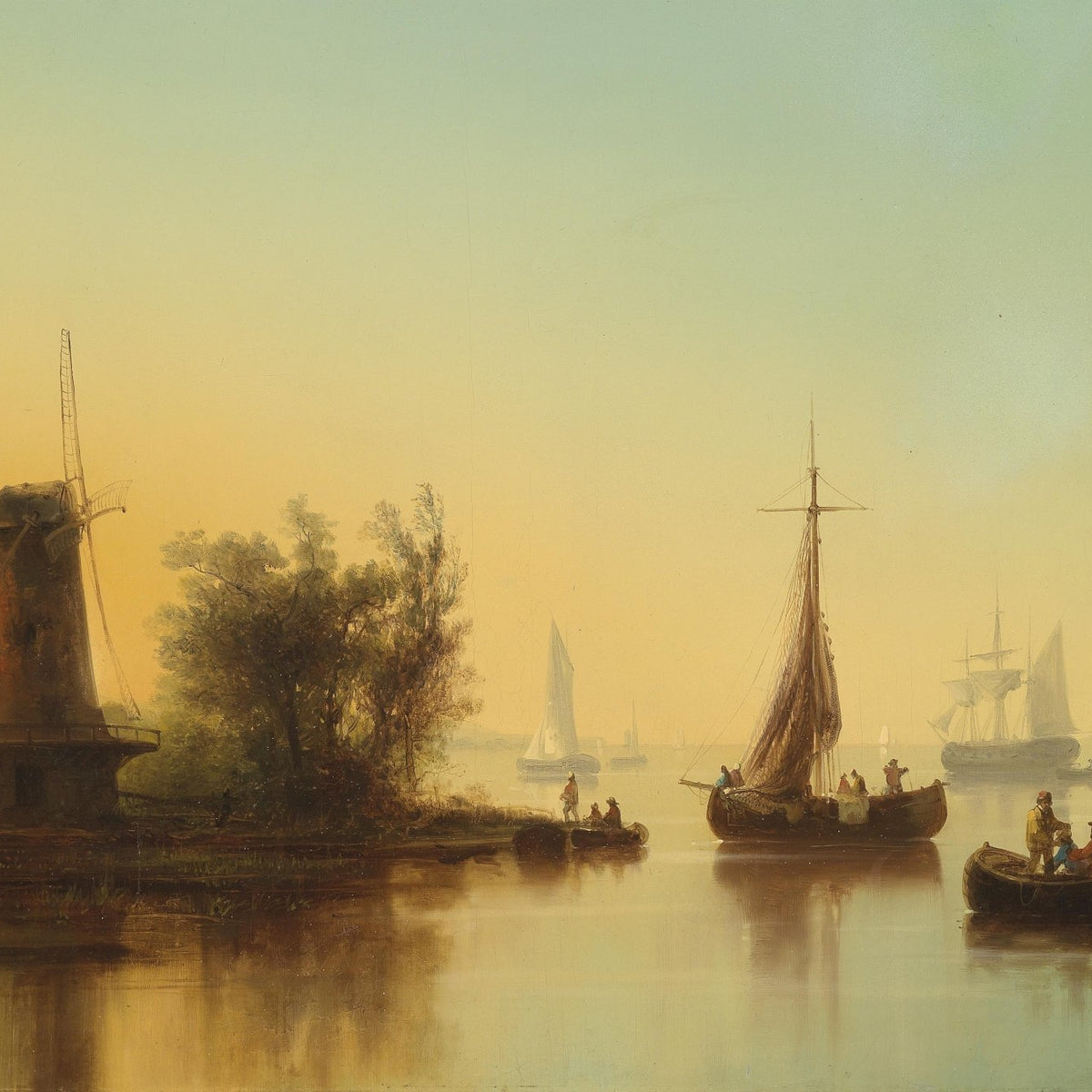 Hand-painted tranquil harbor at sunrise nautical oil painting on canvas