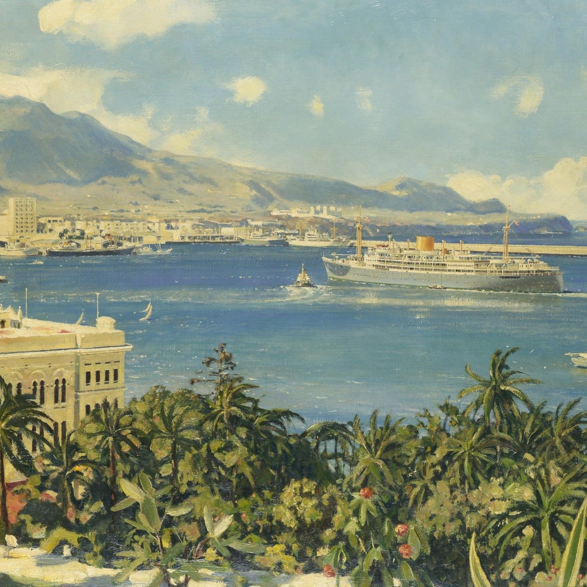 Hand-painted tropical harbor ocean liner and palms nautical oil painting on canvas