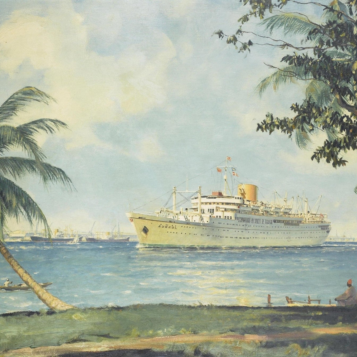 Hand-painted tropical ocean liner by palm trees nautical oil painting on canvas