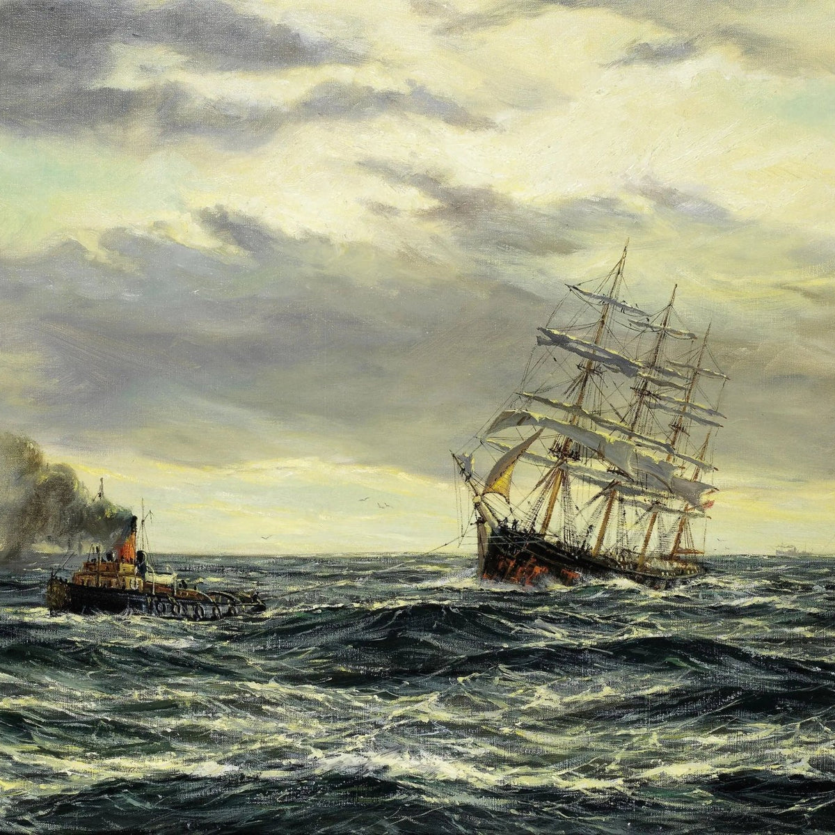 Nautical Oil Paintings - Tugboat and Sailing Ship at Sea - Oil Painting Haven