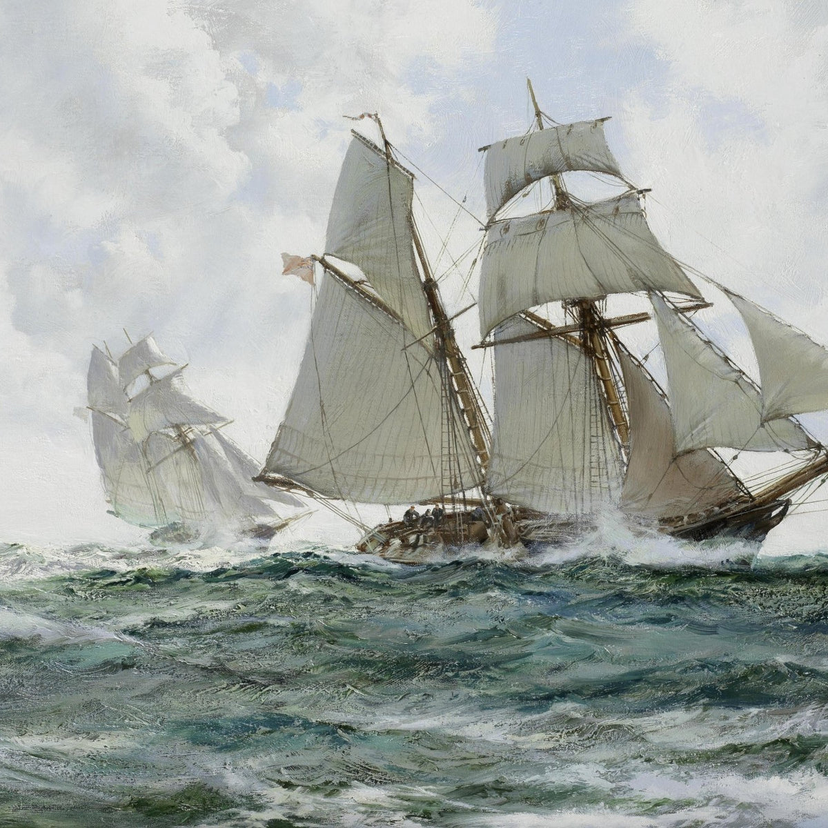 Nautical Oil Paintings - Two Schooners on Choppy Green Waves - Oil Painting Haven