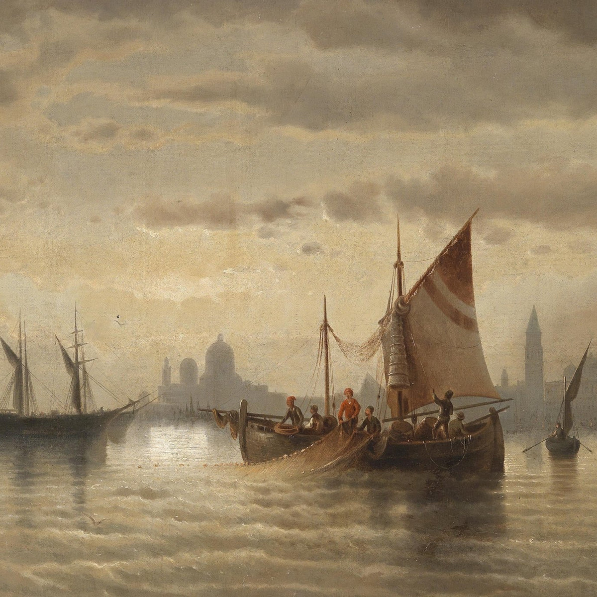 Hand-painted Venetian harbor at dusk nautical oil painting on canvas