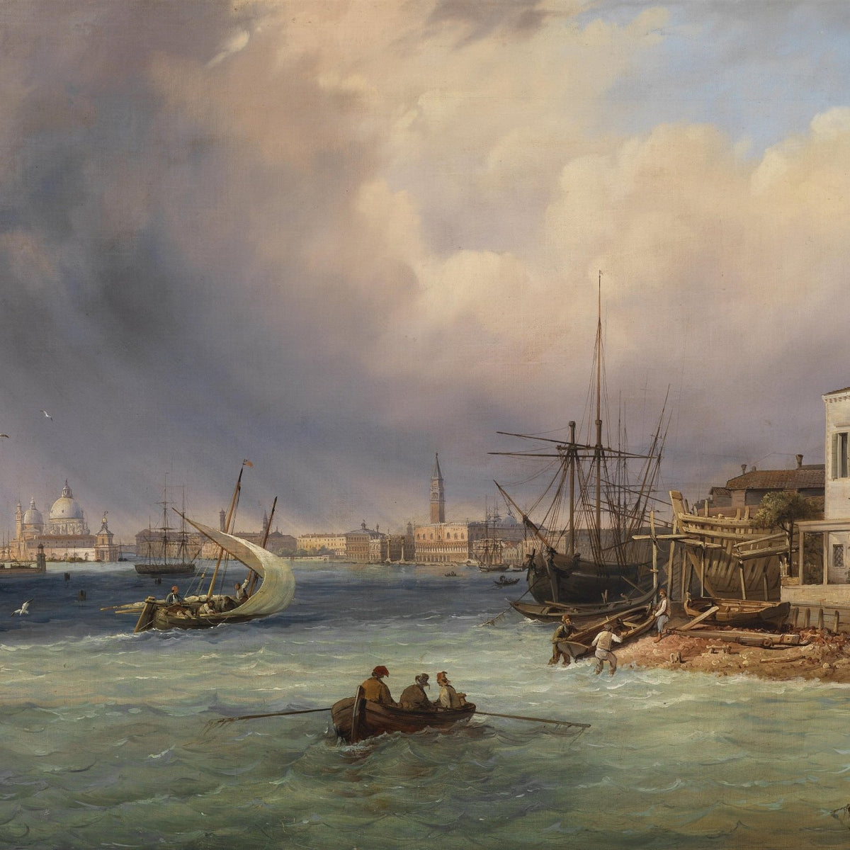 Hand-painted Venetian harbor at sunset nautical oil painting on canvas