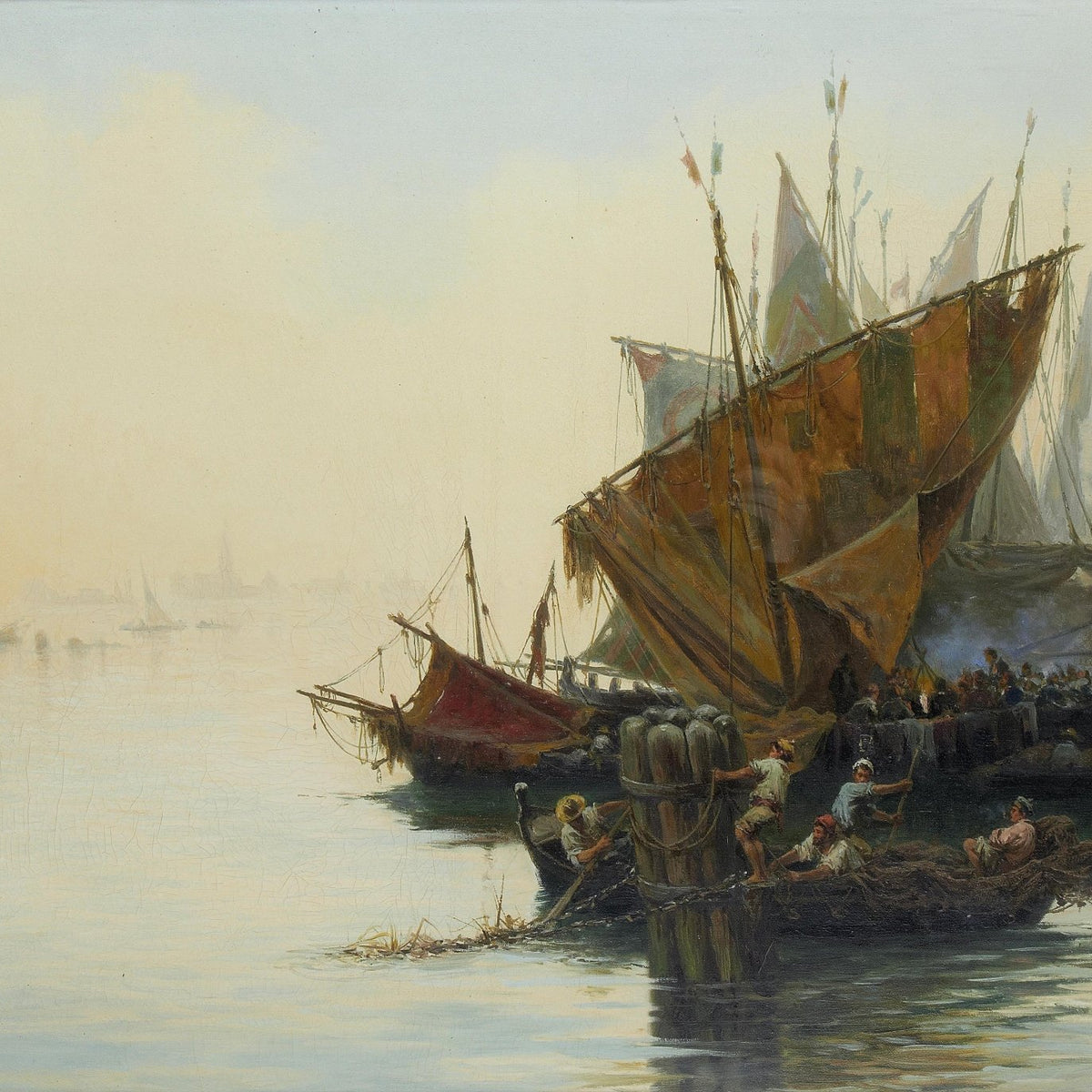 Nautical Oil Paintings - Venetian Harbor Boats in Morning Mist - Oil Painting Haven