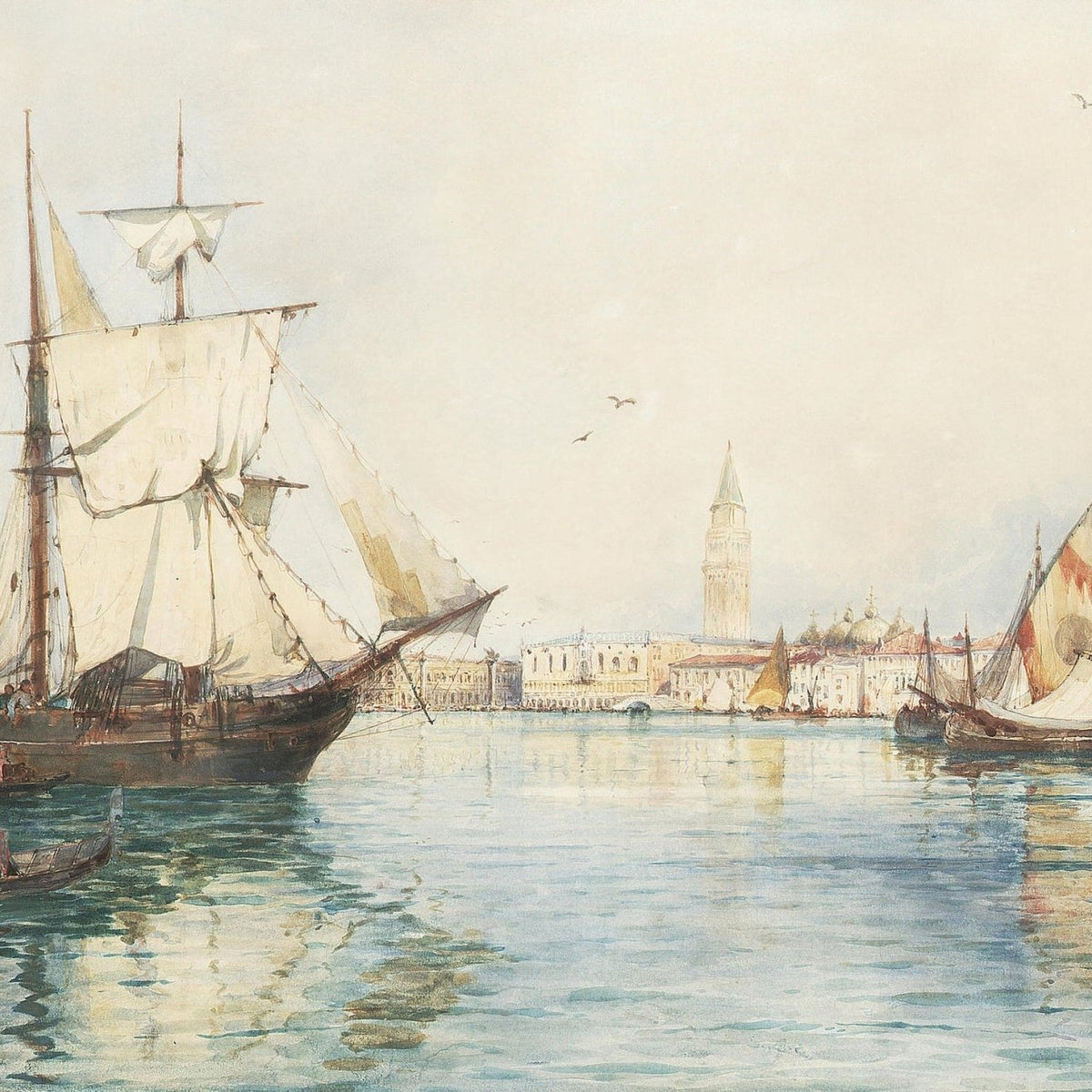 Hand-painted Venetian harbor sailboats at dawn nautical oil painting on canvas