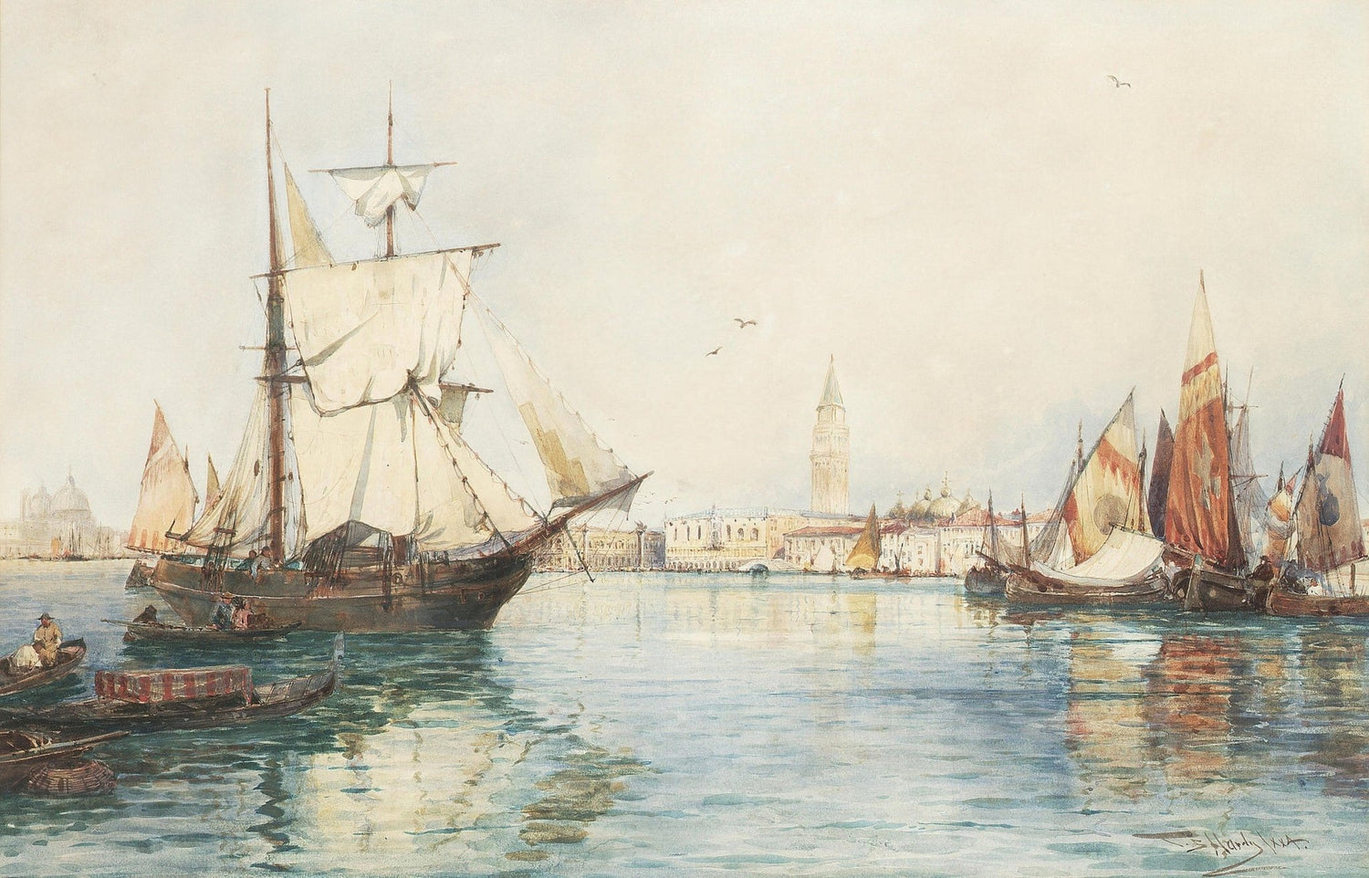 Hand-painted Venetian harbor sailboats at dawn nautical oil painting on canvas