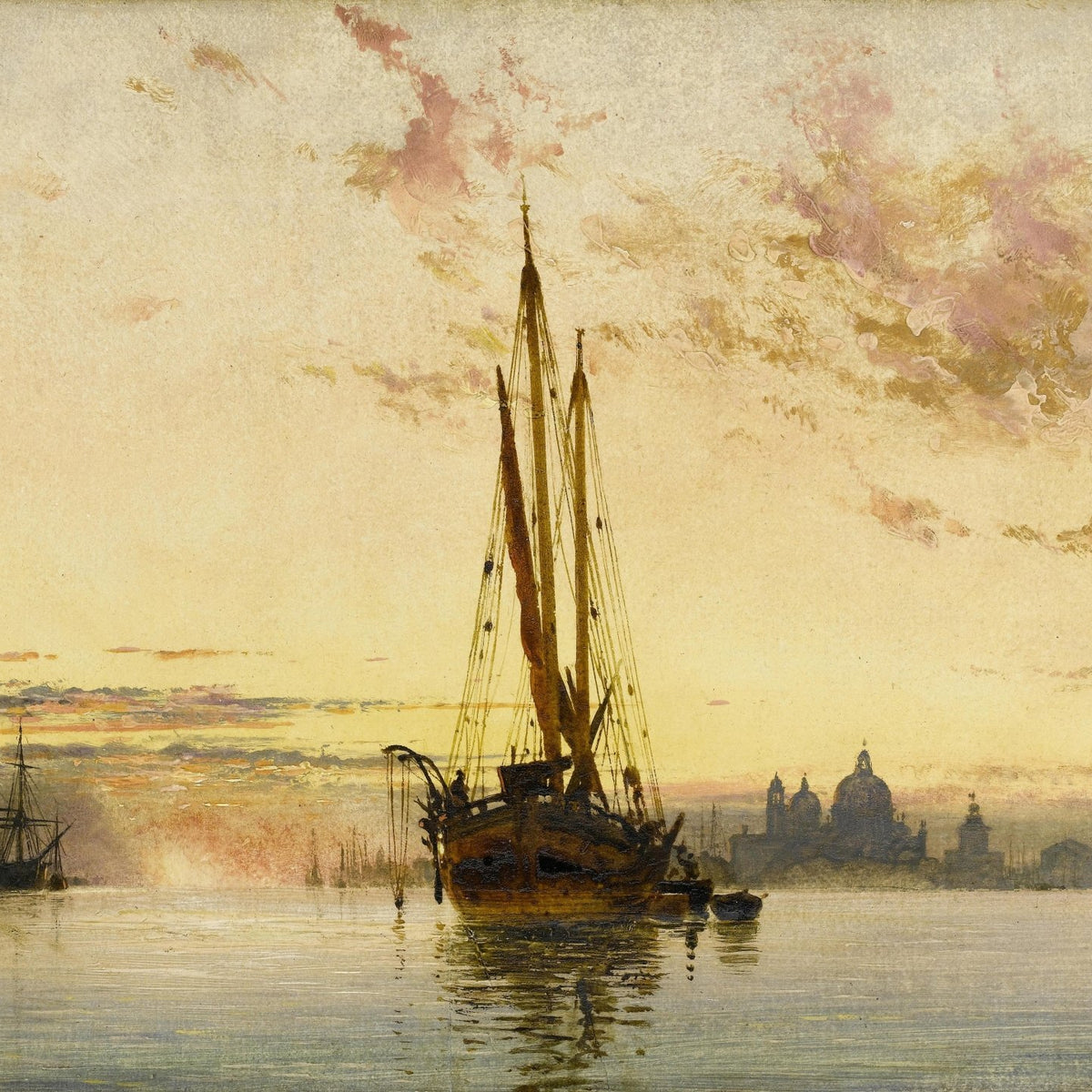 Hand-painted Venetian harbor sunset with sailboats nautical oil painting on canvas