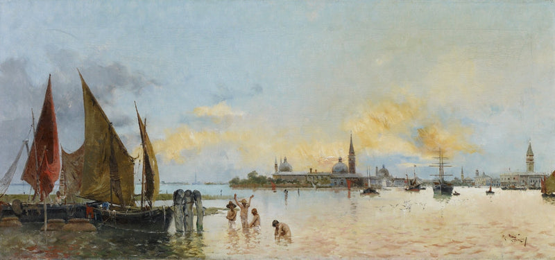 Hand-painted Venetian lagoon boats at sunset nautical oil painting on canvas