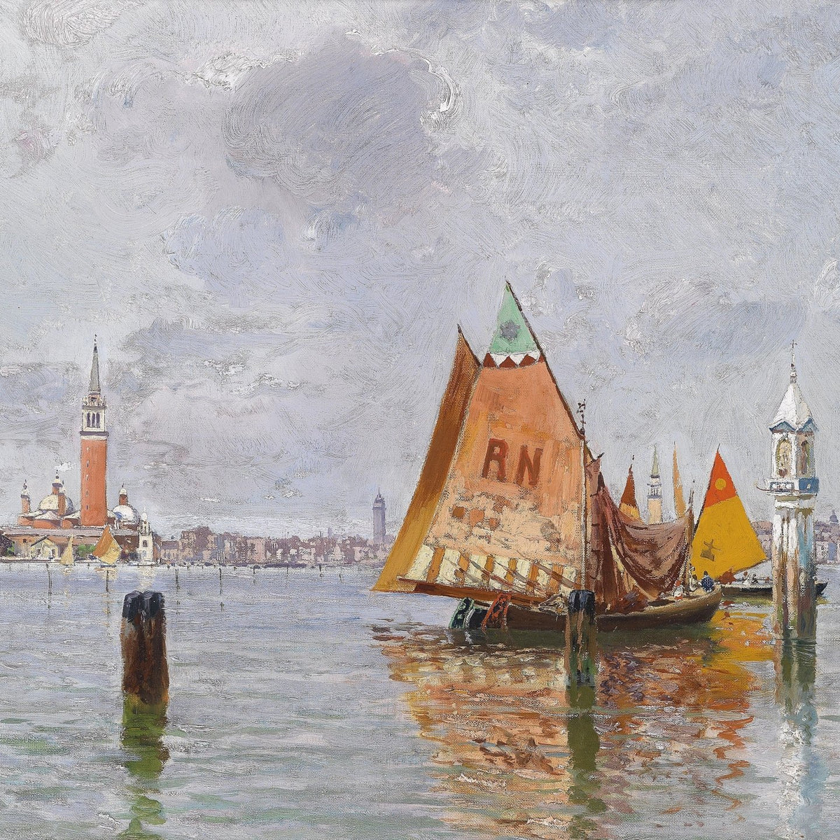 Hand-painted Venetian sailboats on the lagoon nautical oil painting on canvas