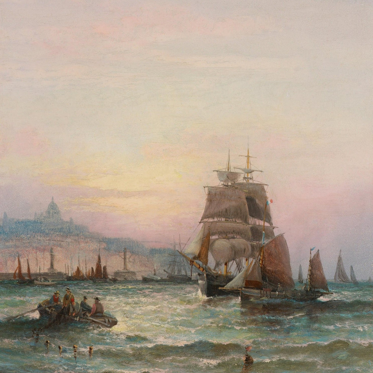Hand-painted Venetian sailing ships at sunset nautical oil painting on canvas