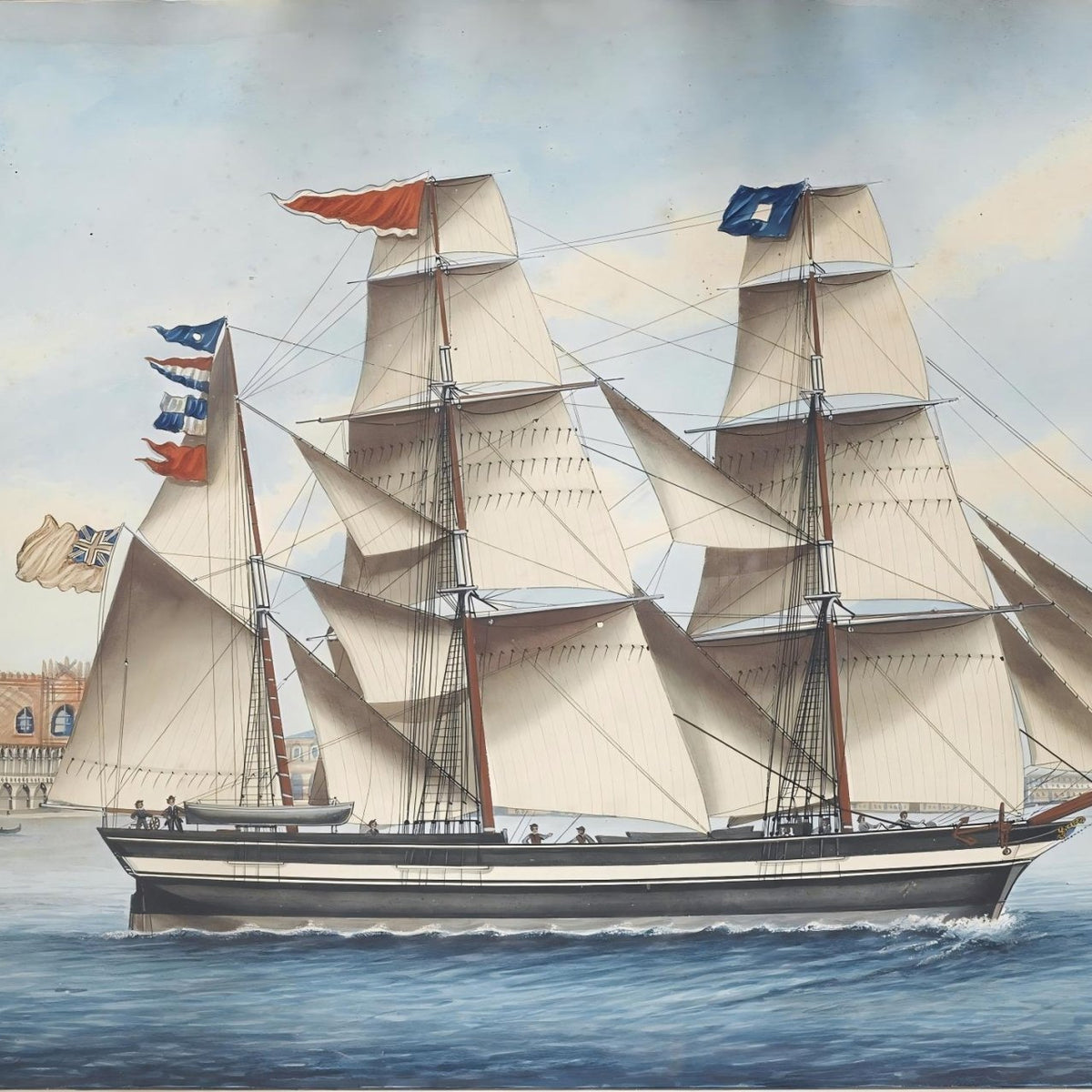Hand-painted Venetian tall ship with white sails nautical oil painting on canvas