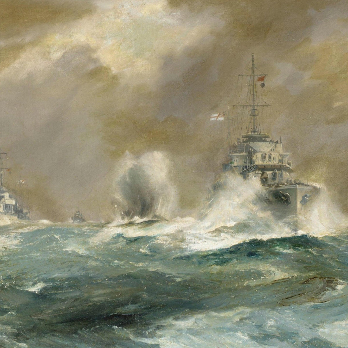Hand-painted warships in rough sea under storm light nautical oil painting on canvas