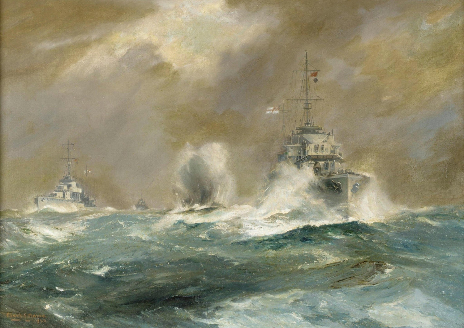 Hand-painted warships in rough sea under storm light nautical oil painting on canvas