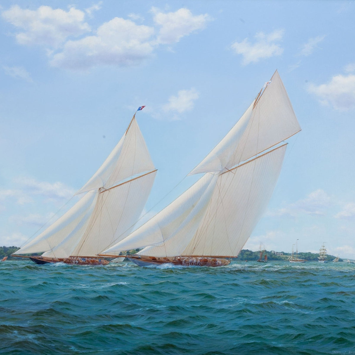 Hand-painted white racing sailboats on blue sea nautical oil painting on canvas