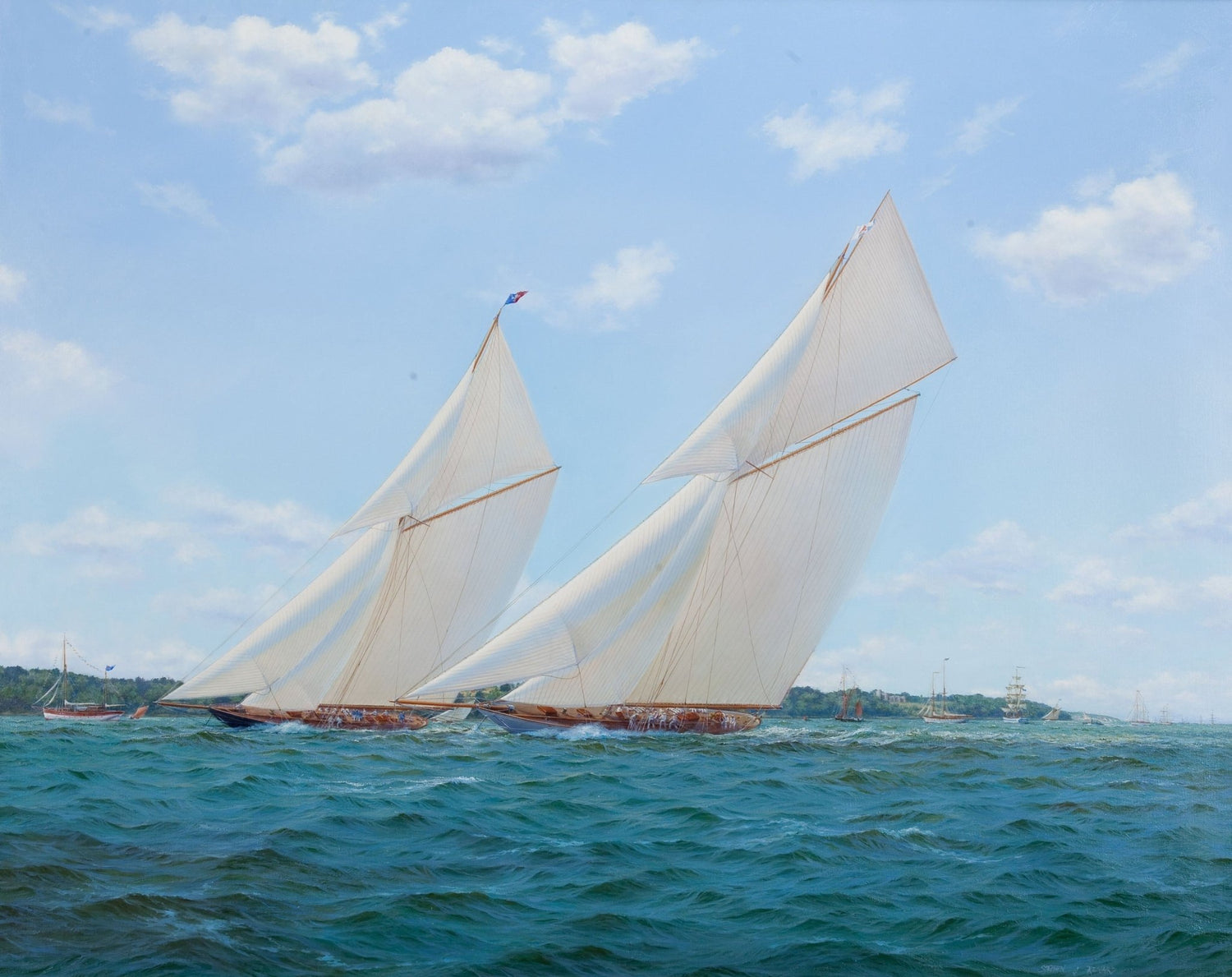 Hand-painted white racing sailboats on blue sea nautical oil painting on canvas