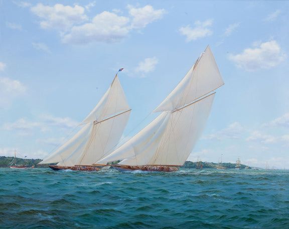 Hand-painted white racing sailboats on blue sea nautical oil painting on canvas