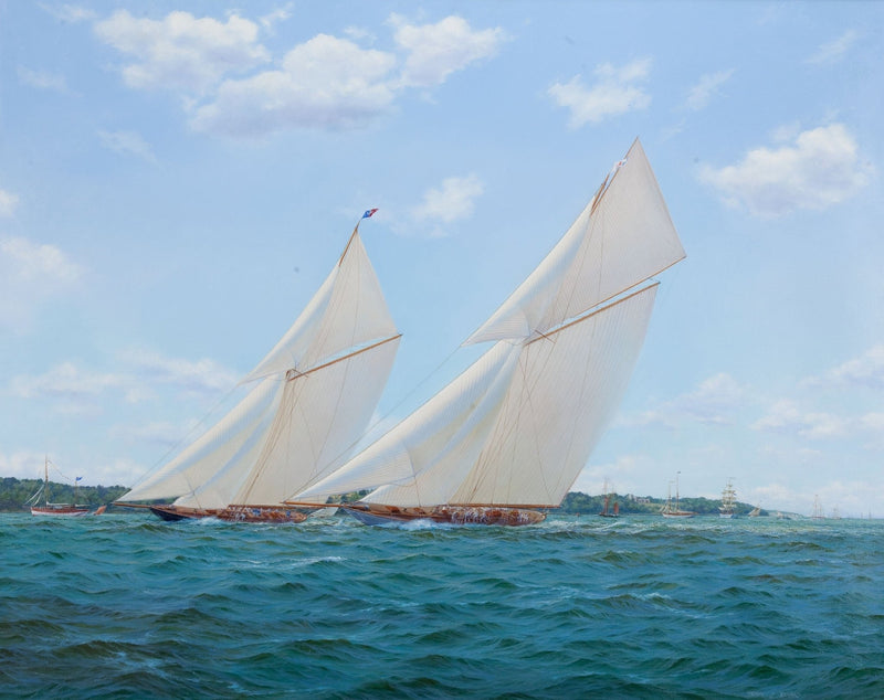 Hand-painted white racing sailboats on blue sea nautical oil painting on canvas