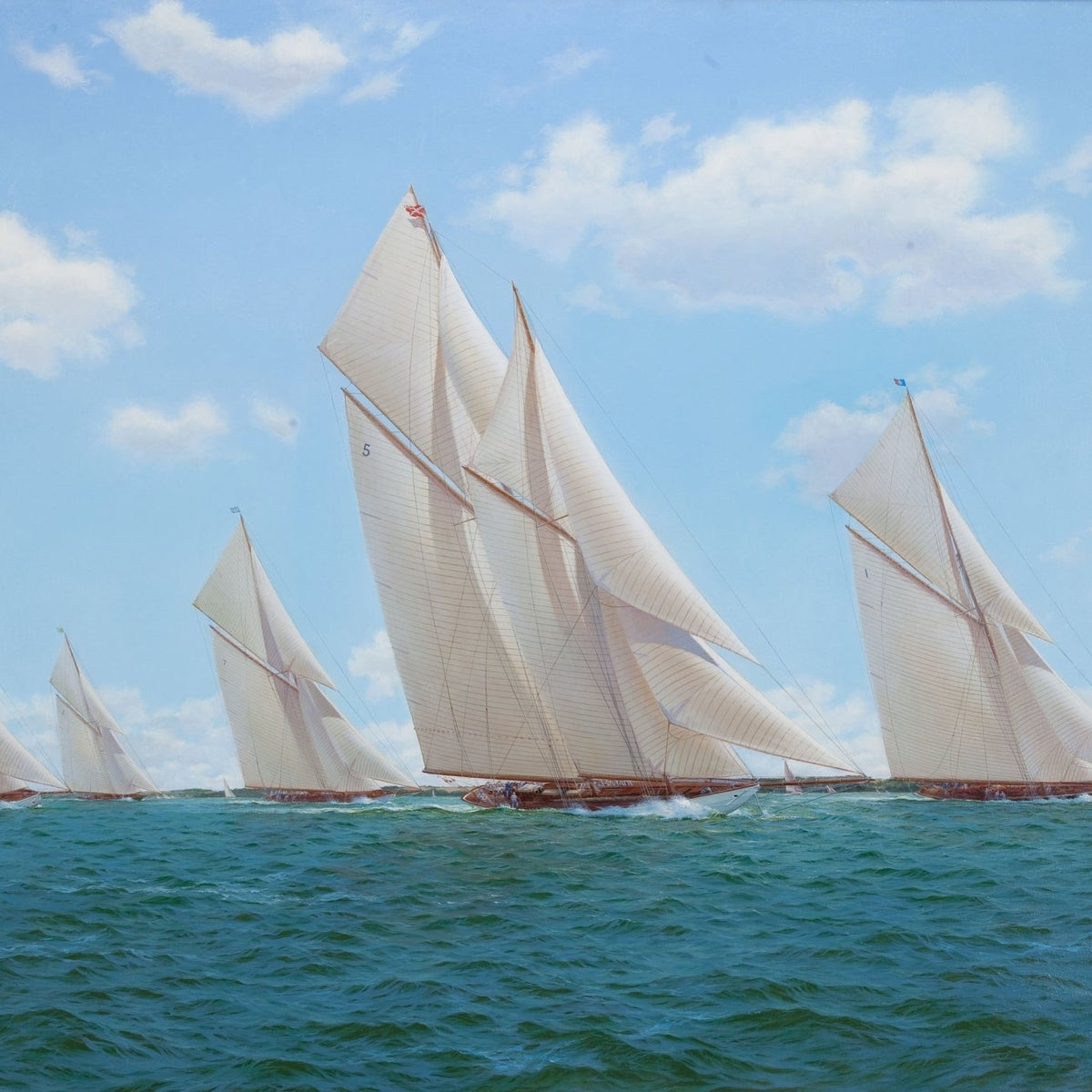 Hand-painted white racing sailboats on open water nautical oil painting on canvas