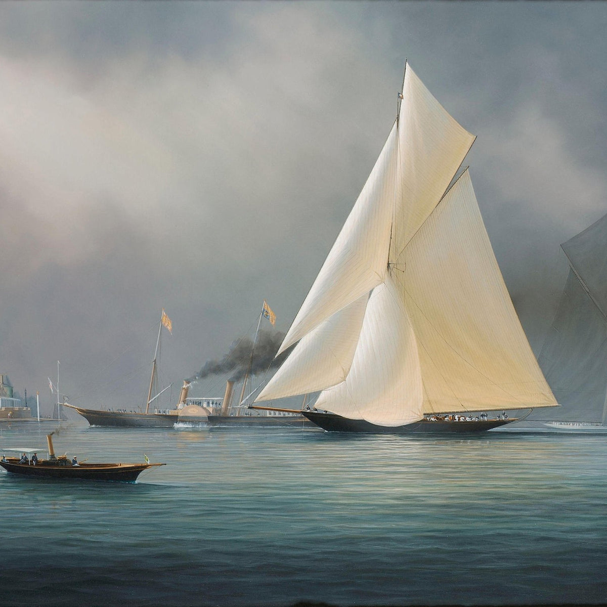 Hand-painted white racing yacht on calm harbor nautical oil painting on canvas