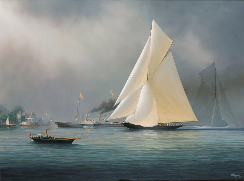 Hand-painted white racing yacht on calm harbor nautical oil painting on canvas