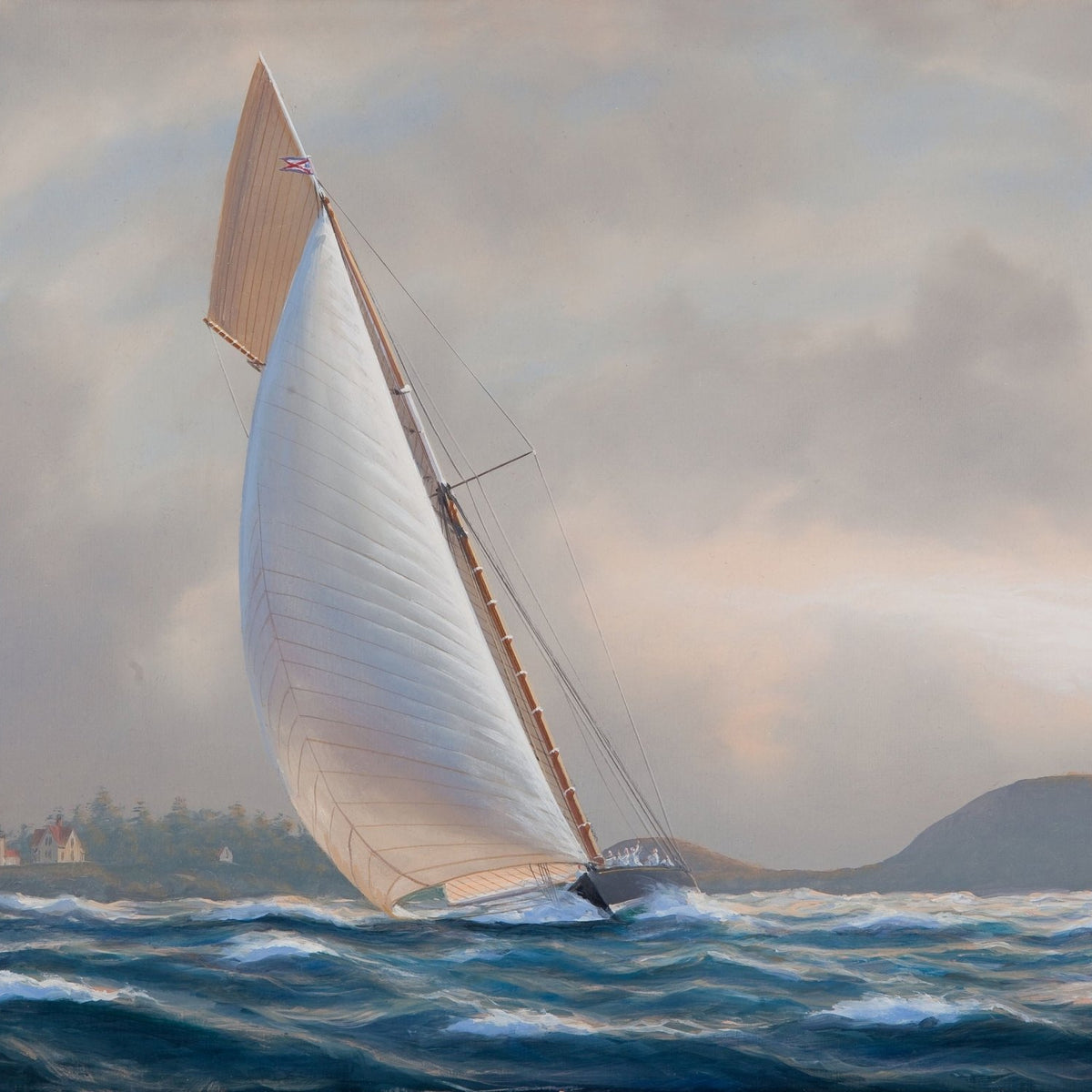 Hand-painted white racing yacht on coastal waves nautical oil painting on canvas