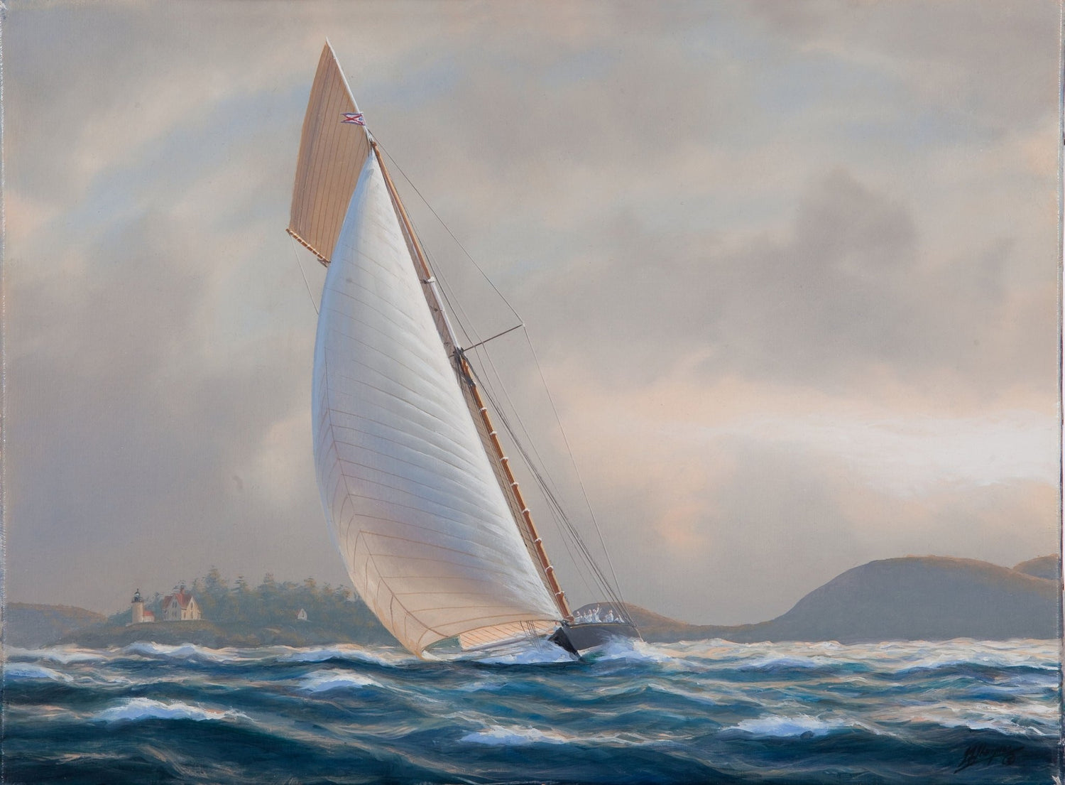Hand-painted white racing yacht on coastal waves nautical oil painting on canvas