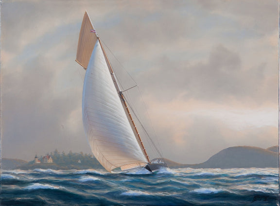 Hand-painted white racing yacht on coastal waves nautical oil painting on canvas