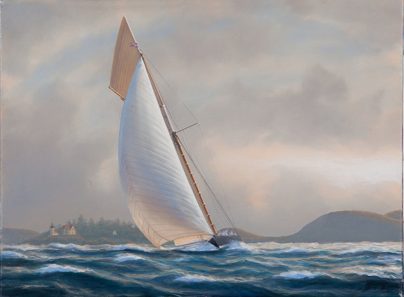 Hand-painted white racing yacht on coastal waves nautical oil painting on canvas