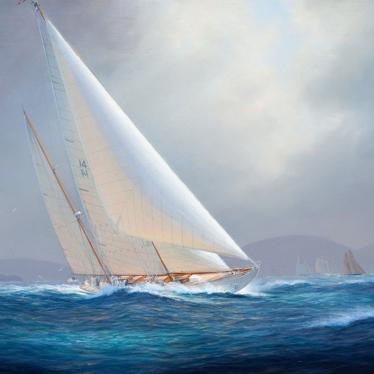 Hand-painted white racing yacht on rolling blue waves nautical oil painting on canvas