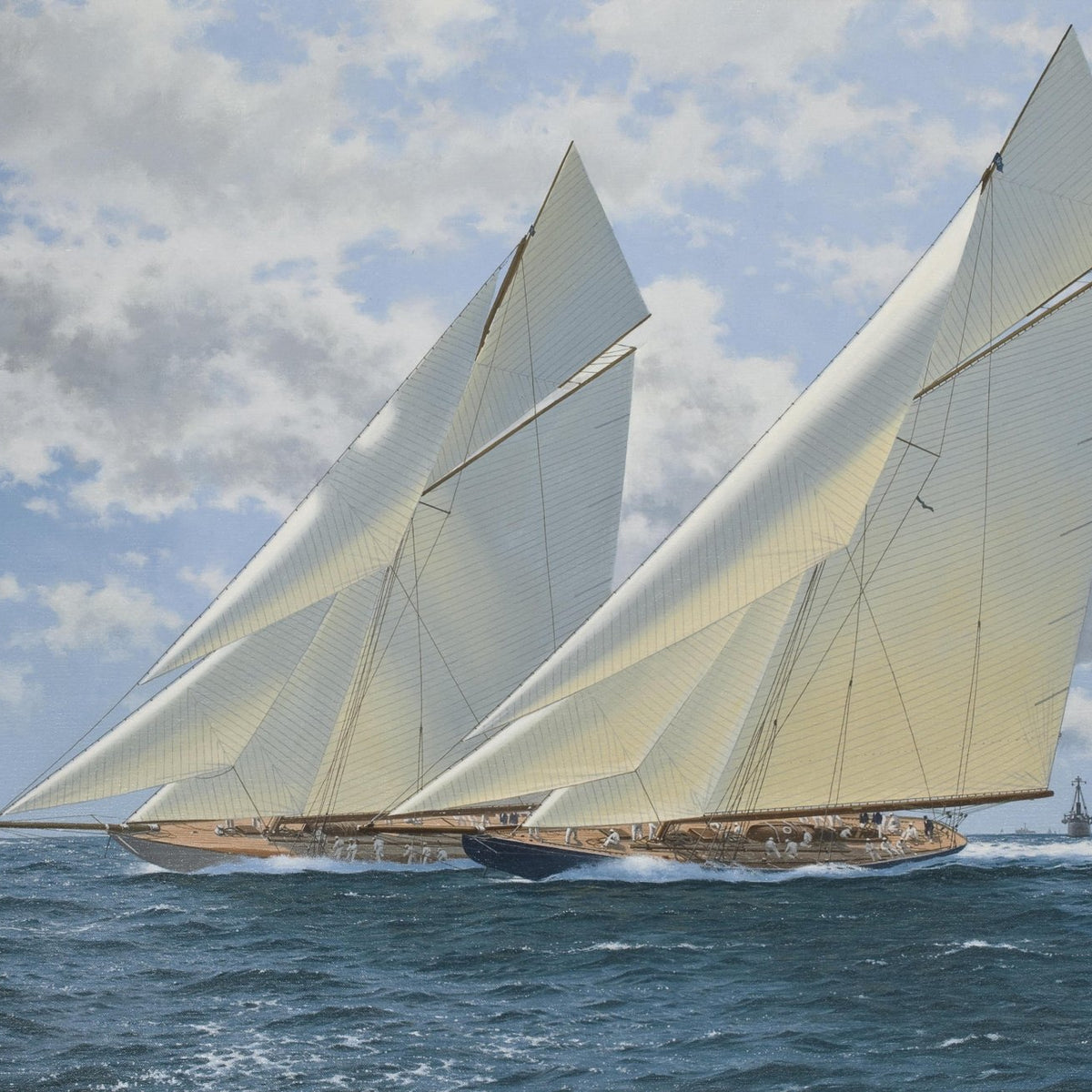 Hand-painted white racing yachts on blue sea nautical oil painting on canvas