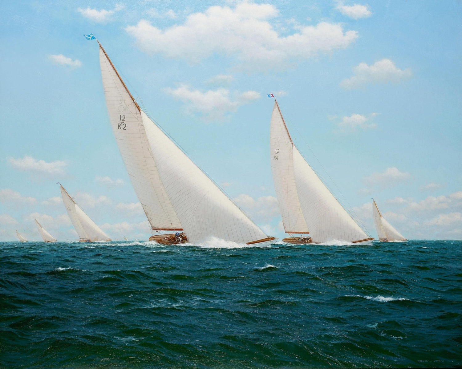 Hand-painted white regatta sailboats on blue sea nautical oil painting on canvas