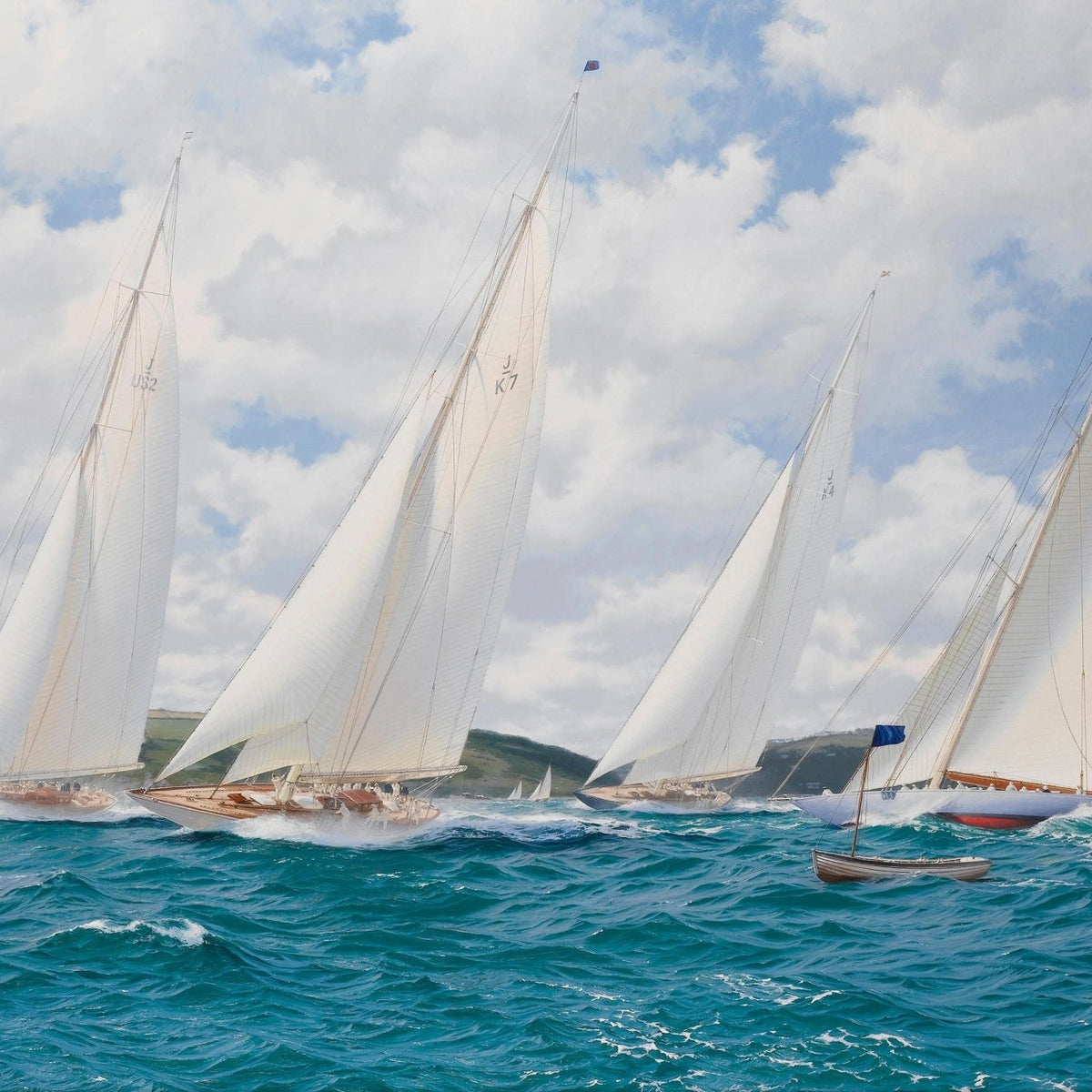 Hand-painted white regatta yachts on blue waves nautical oil painting on canvas