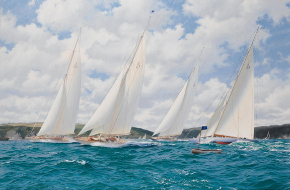 Hand-painted white regatta yachts on blue waves nautical oil painting on canvas