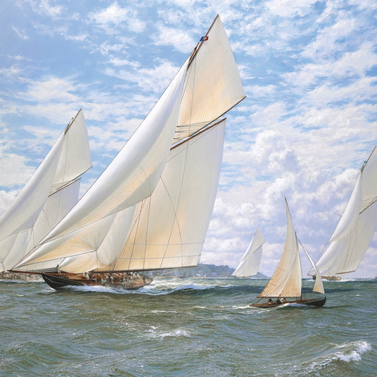 Nautical Oil Paintings - White Regatta Yachts on Coastal Sea - Oil Painting Haven