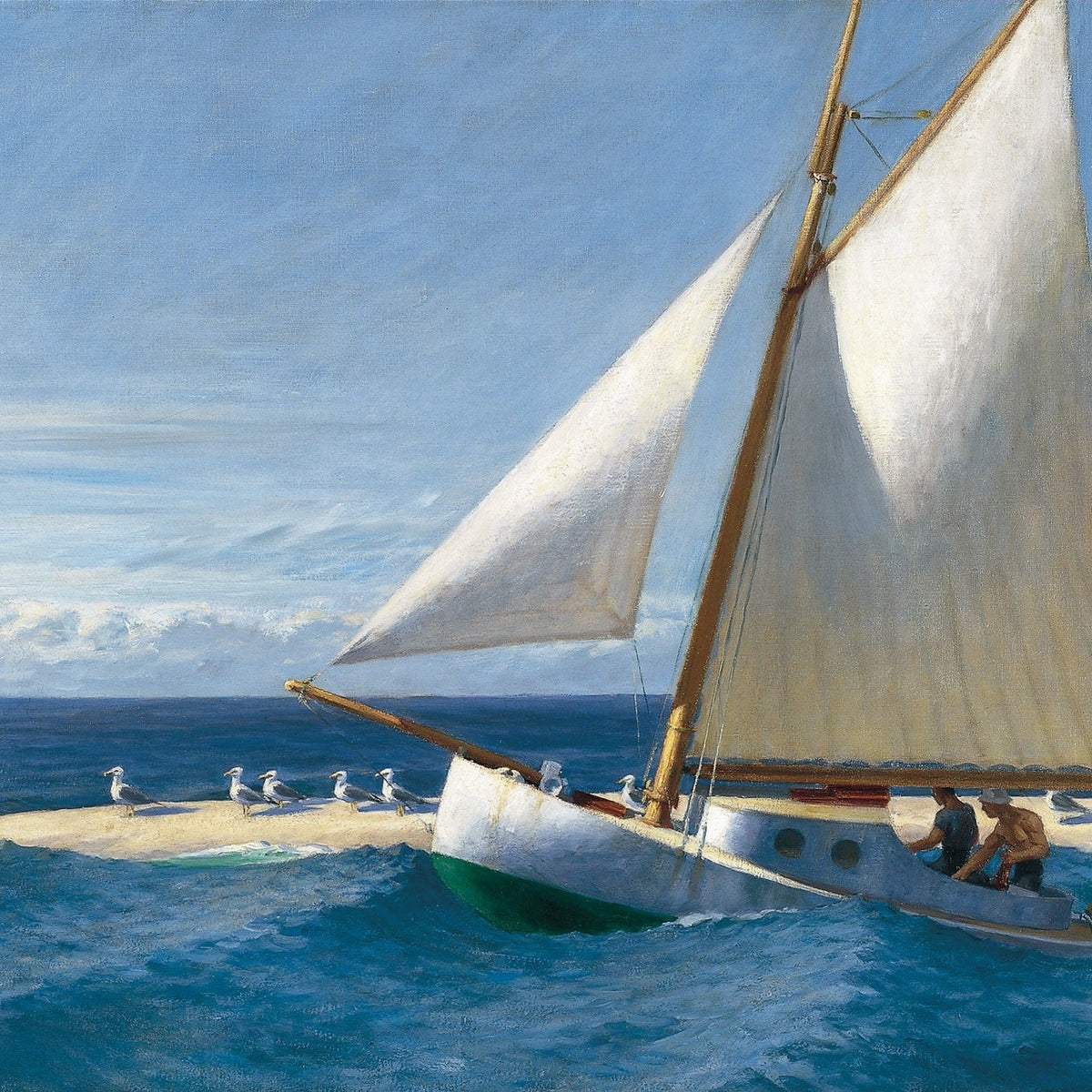 Hand-painted white sailboat on blue sea near sandbar nautical oil painting on canvas