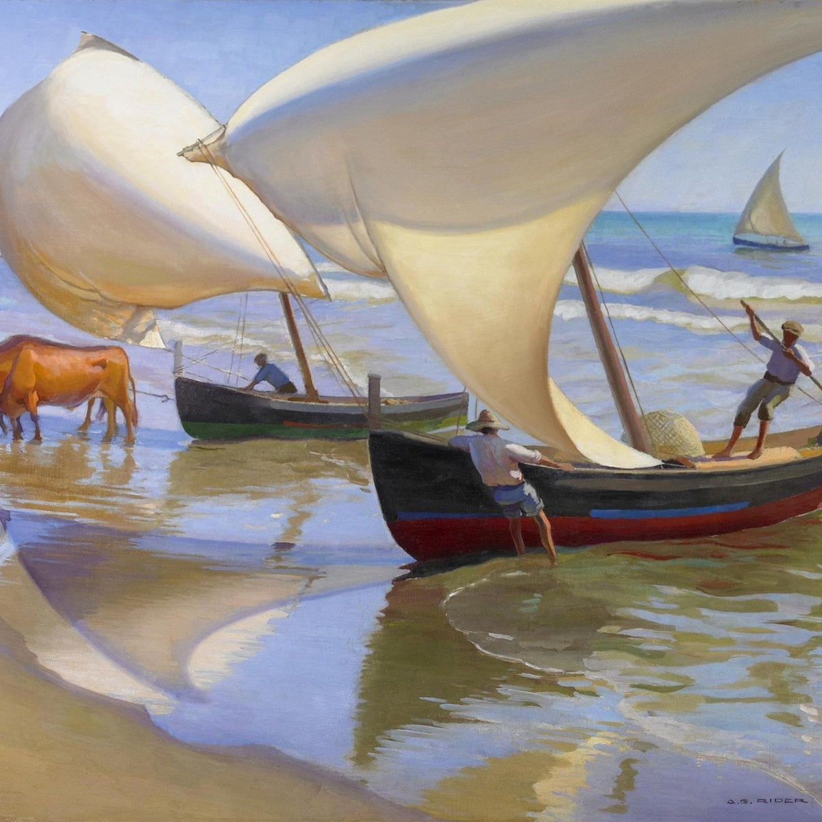 Hand-painted white sailboats and coastal fishermen nautical oil painting on canvas