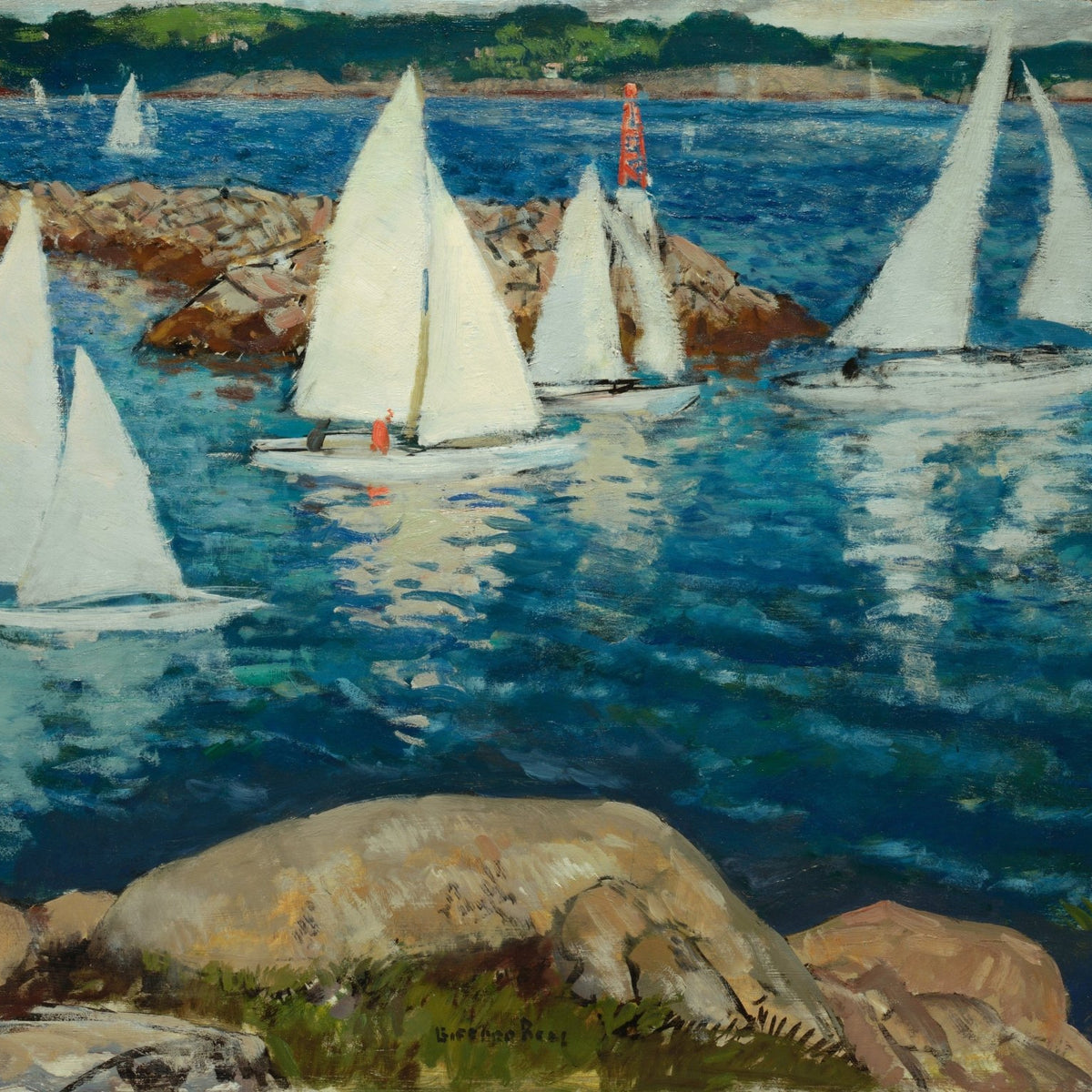 Hand-painted white sailboats on blue harbor nautical oil painting on canvas