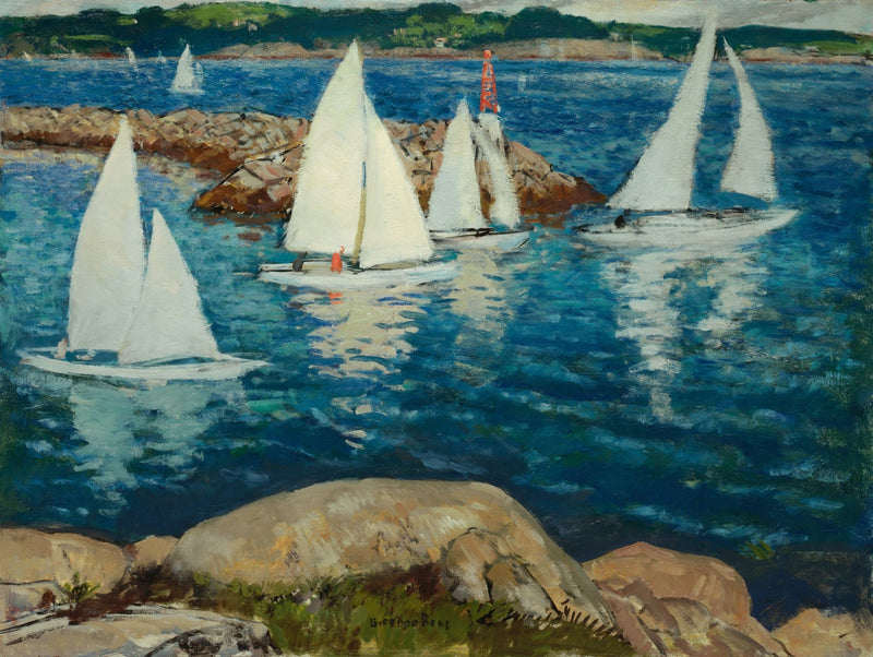 Hand-painted white sailboats on blue harbor nautical oil painting on canvas