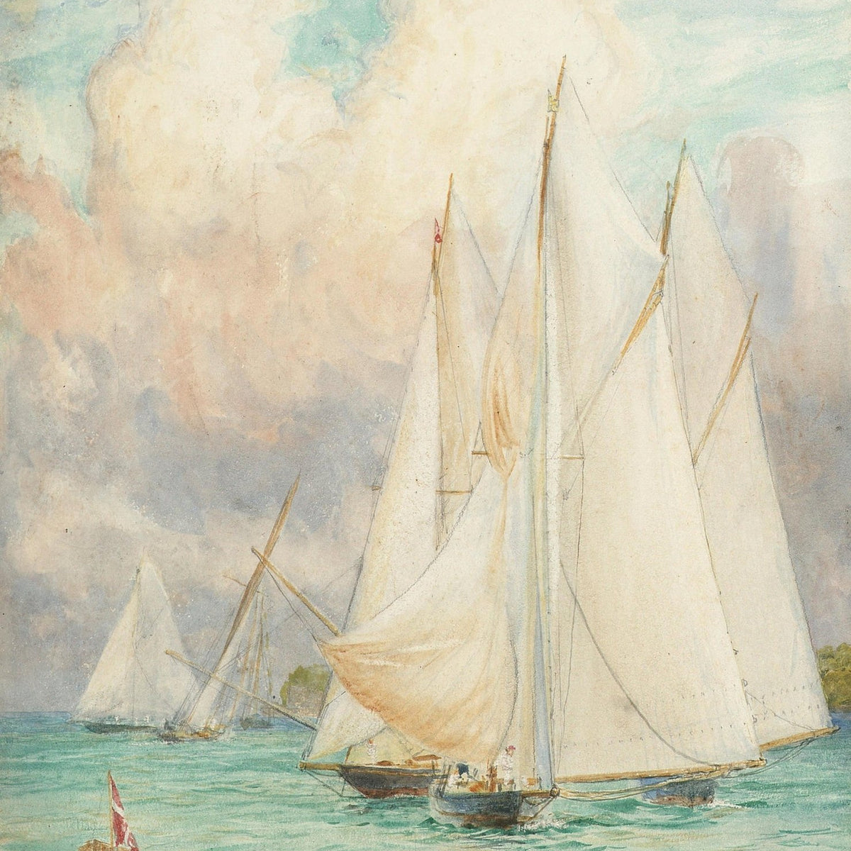 Nautical Oil Paintings - White Sailboats on Calm Coastal Waters - Oil Painting Haven