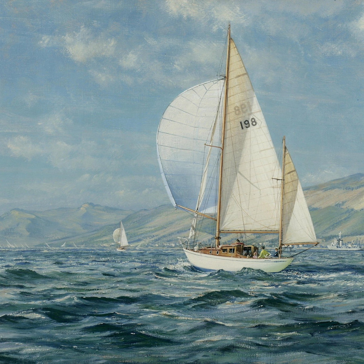 Hand-painted white sailboats on mountain sea nautical oil painting on canvas