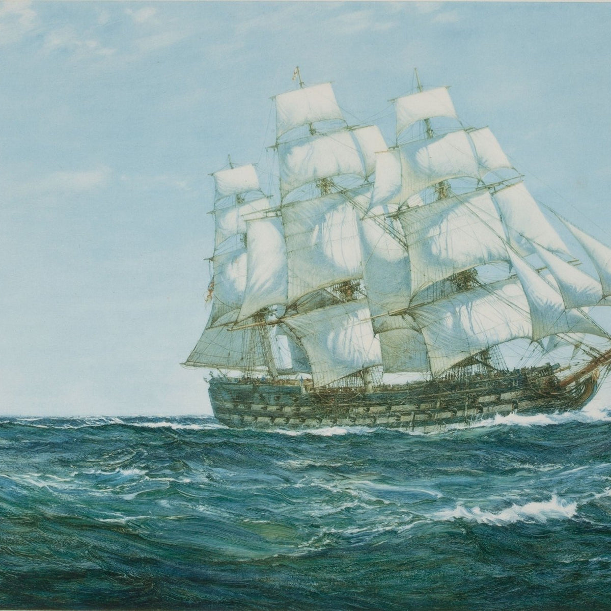 Hand-painted white-sailed tall ship on open sea nautical oil painting on canvas
